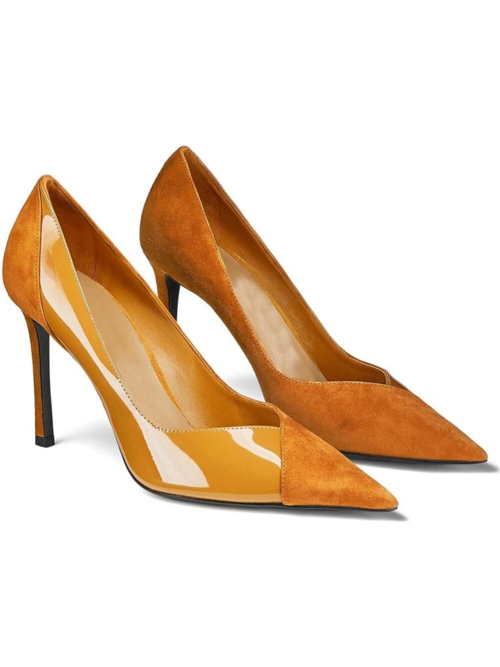Women's Brown Pointed Toe High Heels Pumps Patent Suede Stiletto Heel Slip On